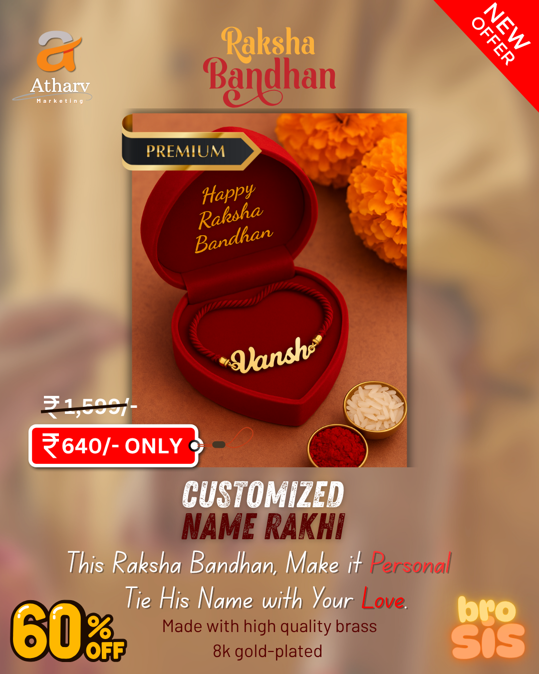 Customized NAME RAKHI | Made from premium brass and elegantly finished with 8K gold plating